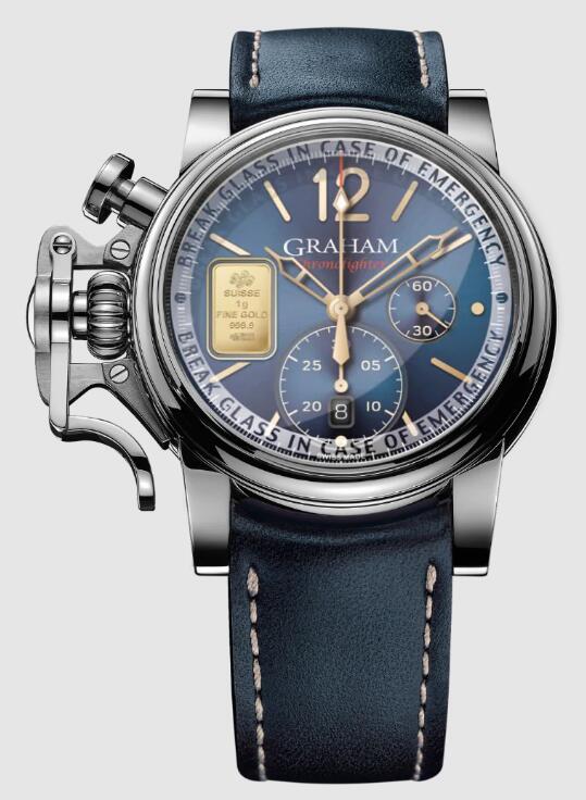 Review Replica Watch Graham CHRONOFIGHTER VINTAGE GOLD EMERGENCY - BLUE EDITION 2CVAS.U20A - Click Image to Close